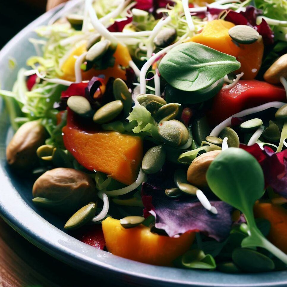 a salad topped with sprouted pumpkin seeds