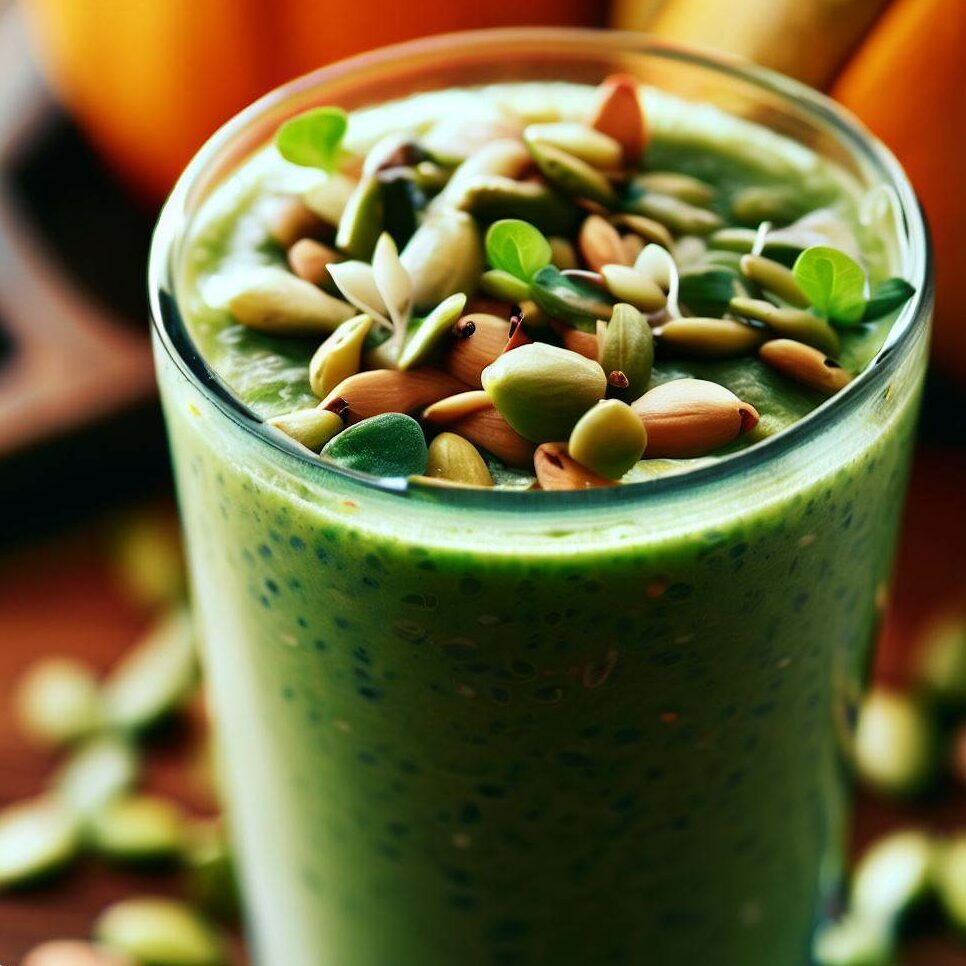 a smoothie garnished with sprouted pumpkin seeds